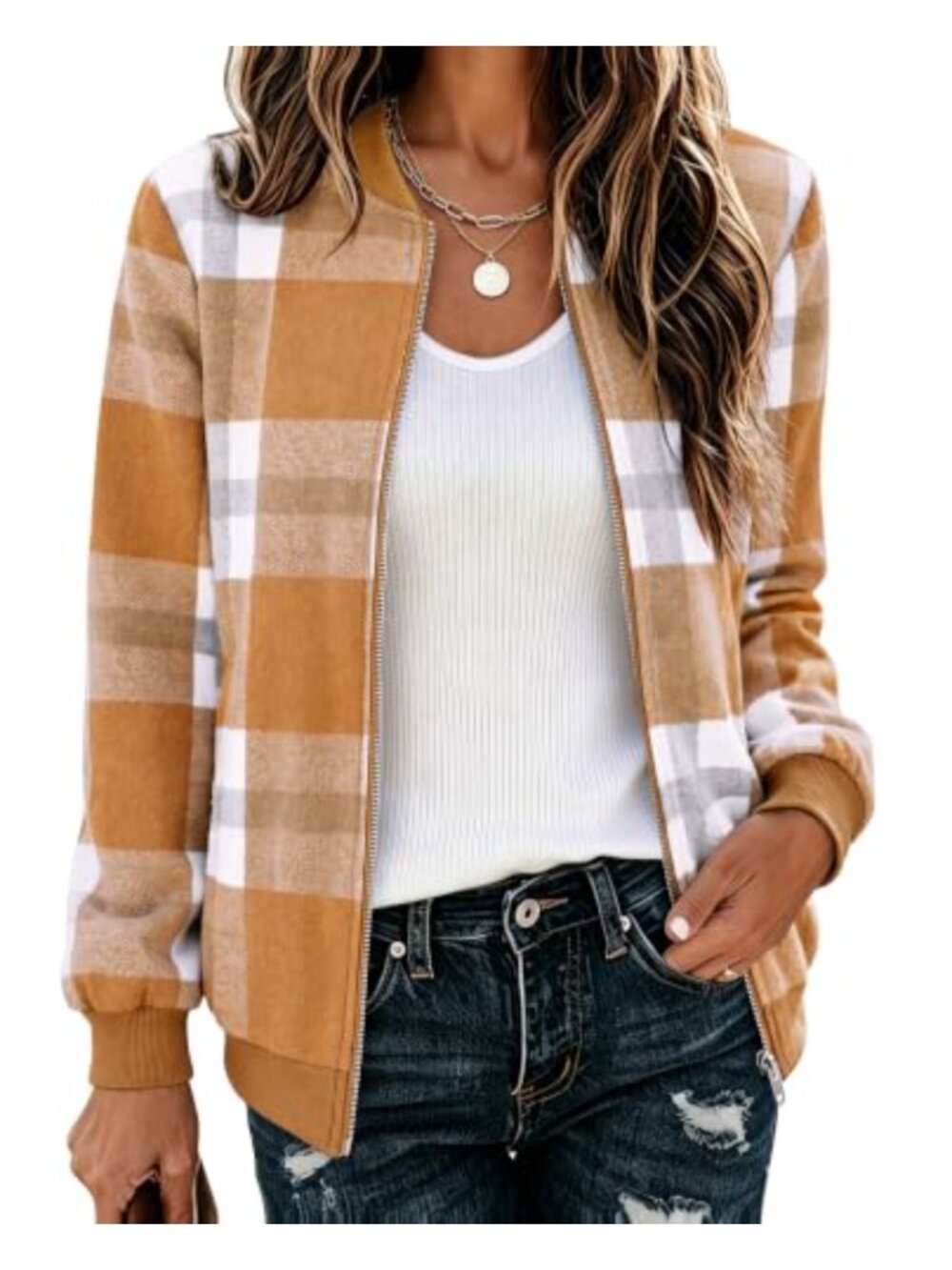 Women's Lightweight Plaid Bomber Jacket Full Zip Flannel Coat